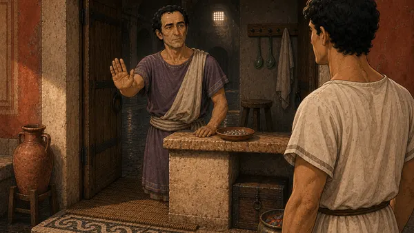 The lodging-house keeper, a recurring character, turning Marcus away at the door