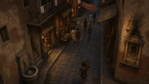 A high view down the Roman street with the fountain and shrine in place